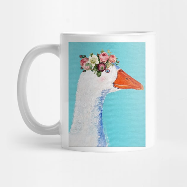 White goose in roses flower crown farmers gift by Orangerinka